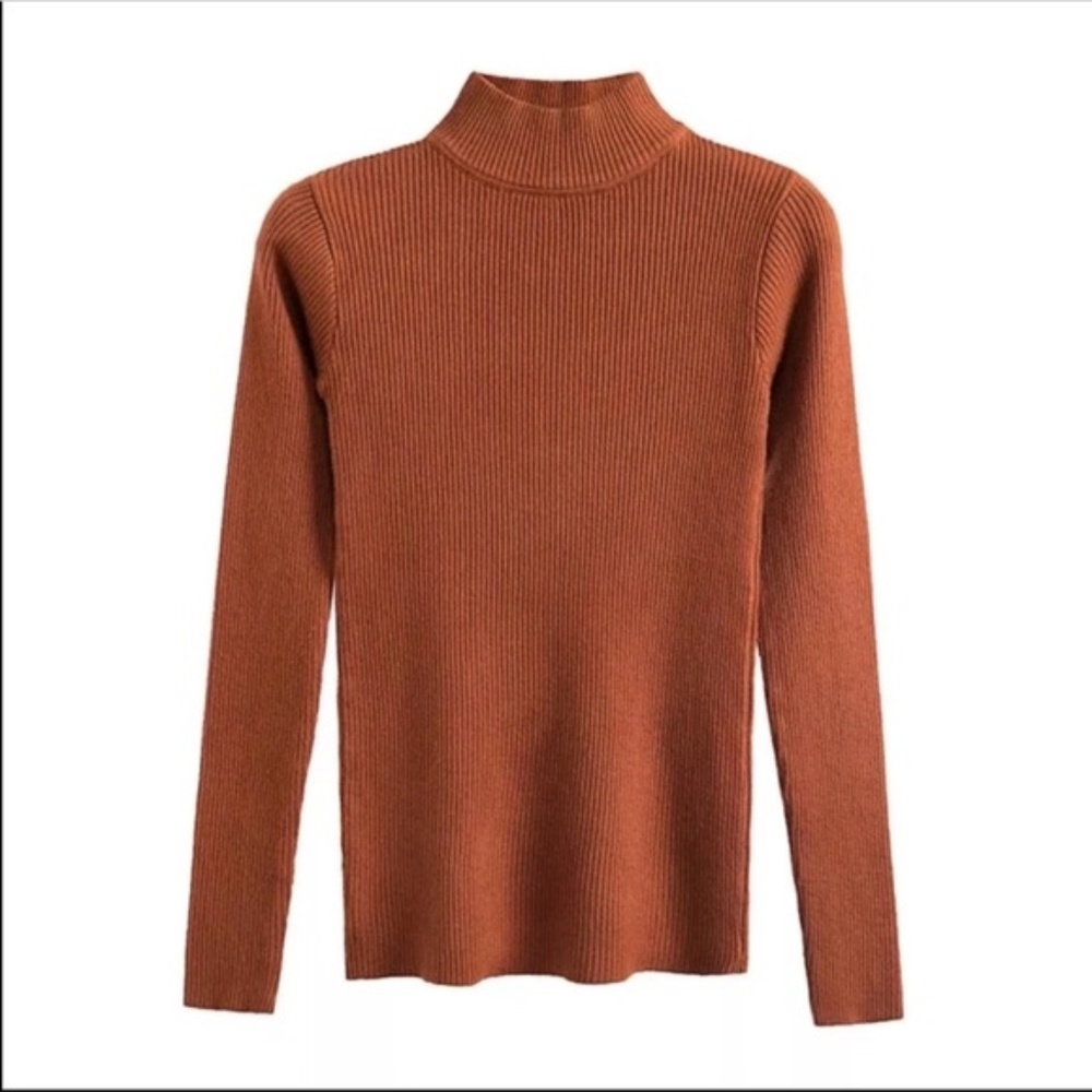 Burnt Orange Mock Neck Ribbed Turtleneck Sweater - Picture 2 of 4